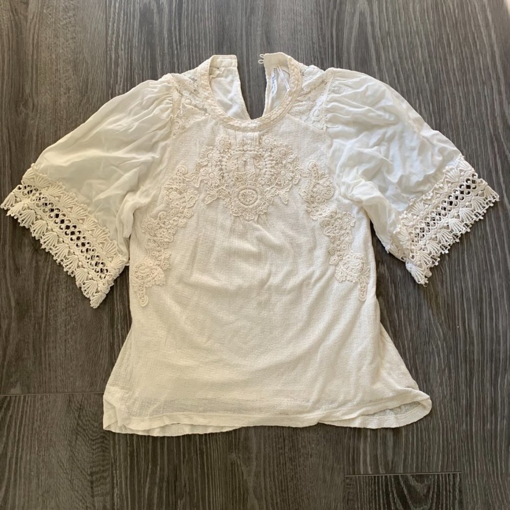 Anthropologie White Lace and Embroidered Shirt